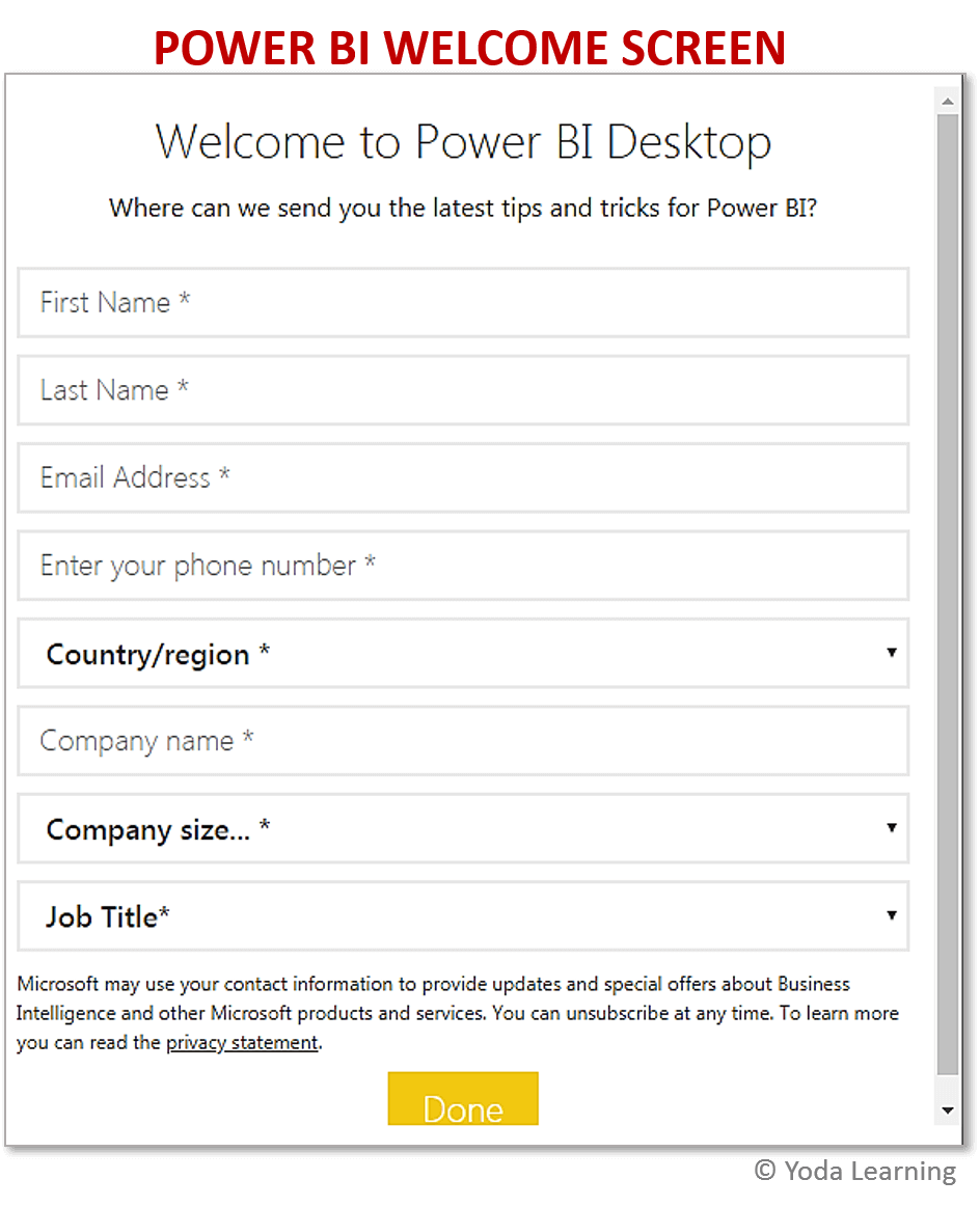 Tela de boas-vindas do Power BI