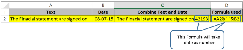 combine text with date and time in Excel