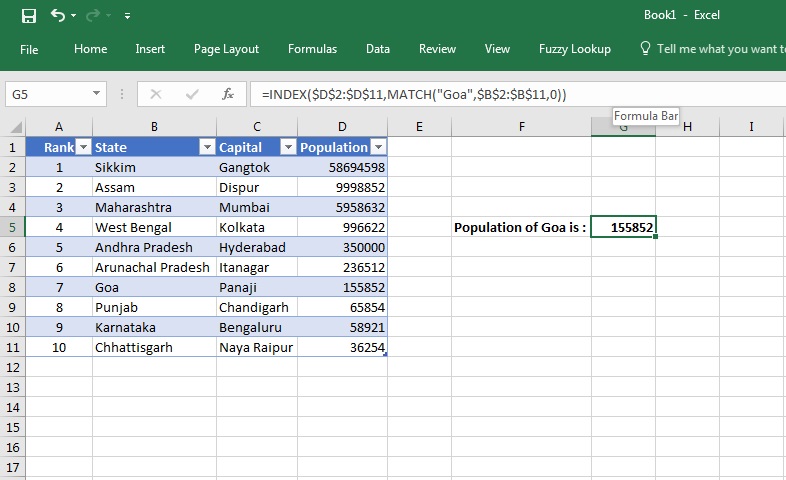 We can do so using the INDEX and MATCH function by entering this in the Formula Bar