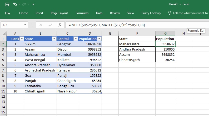 we do the following variation in the formula on the first cell where the population needs to be found