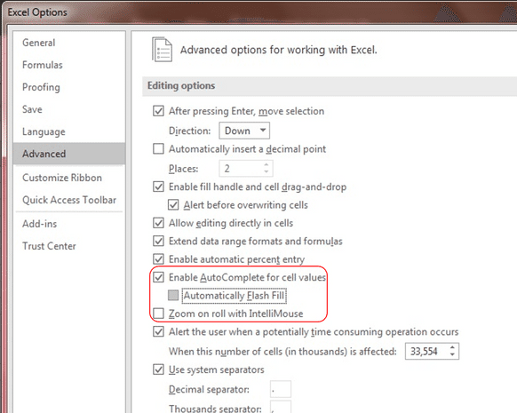 Advanced Options for working with Excel-Enable AutoComplete for Cell Value